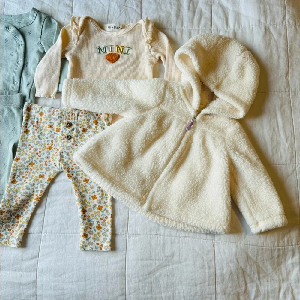 Baby Girl 9 piece set 3-6 Bundle Clothing Sets Lot Fuzzy Jacket Biege Sage Green